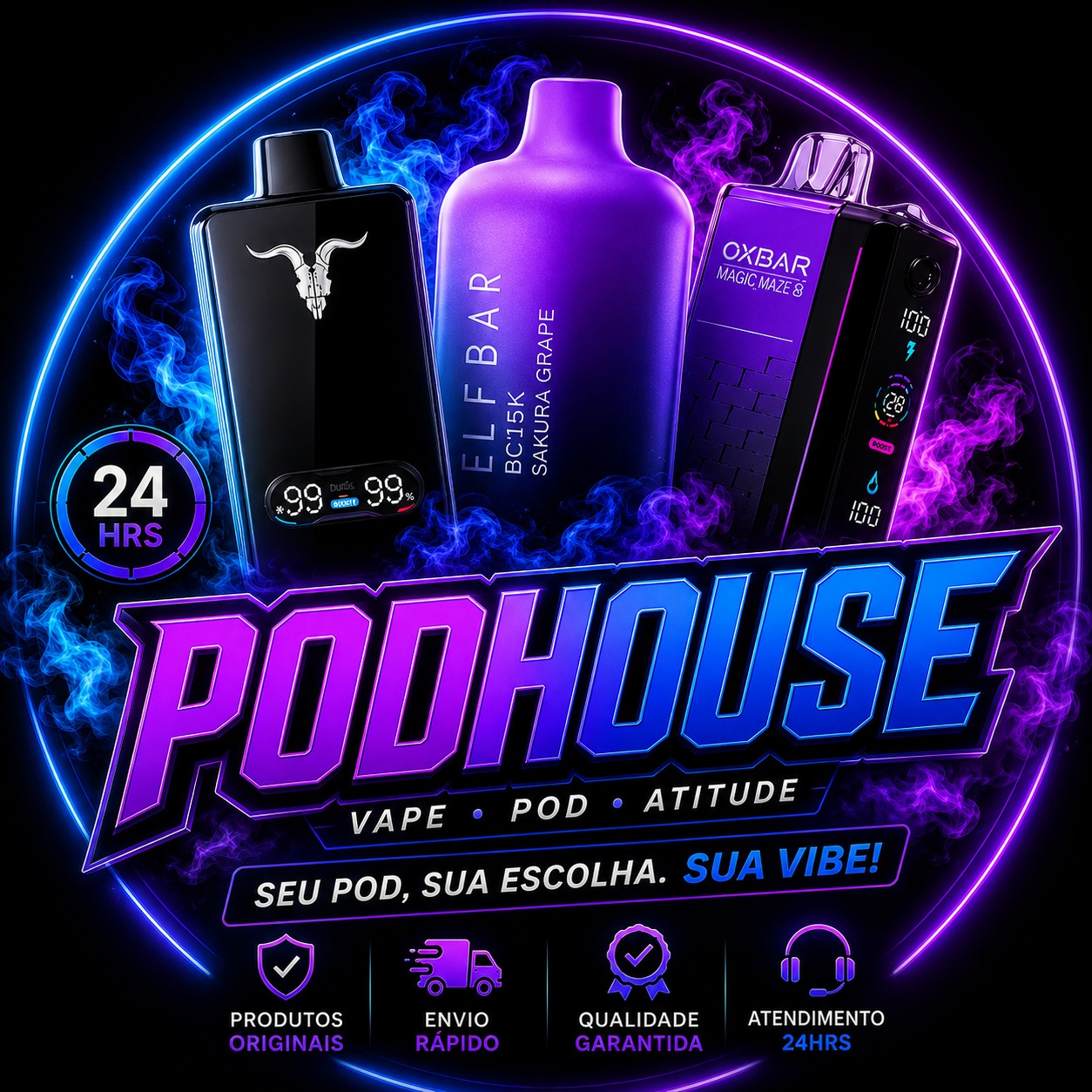 Arte neon PodHouse com pods descartaveis